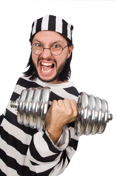 Prison inmate with dumbbells — Stock Photo, Image