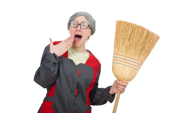 Mujer con cepillo barrido aislado en blanco —  Fotos de Stock