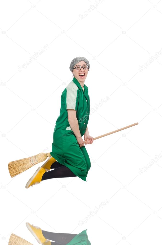 Woman with sweeping brush isolated on white