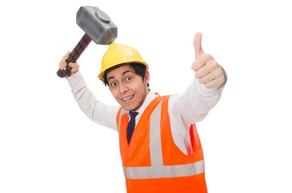Construction worker with hammer isolated on white — Stock Photo, Image