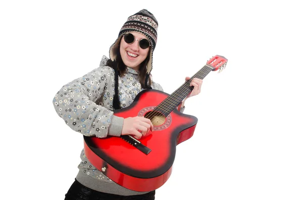 Jong optimistisch meisje holding gitaar geïsoleerd op wit — Stockfoto
