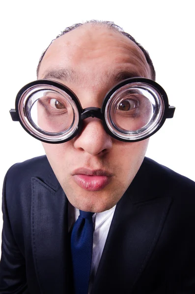 Hombre divertido con gafas aisladas en blanco —  Fotos de Stock