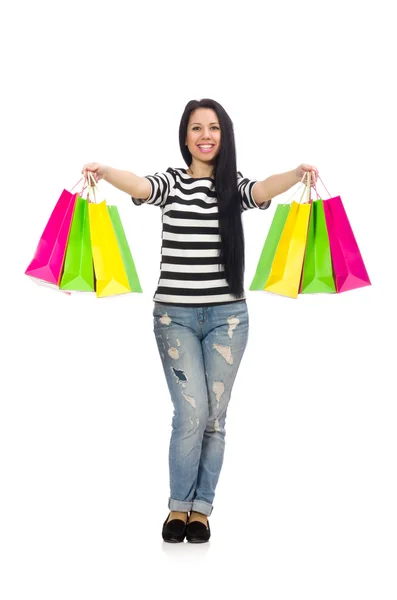 Donna con shopping bags isolata su bianco — Foto Stock