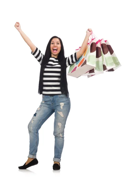 Mujer con bolsas aisladas en blanco —  Fotos de Stock