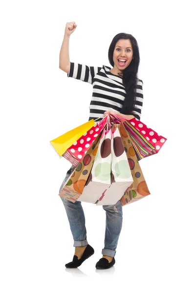 Donna con shopping bags isolata su bianco — Foto Stock