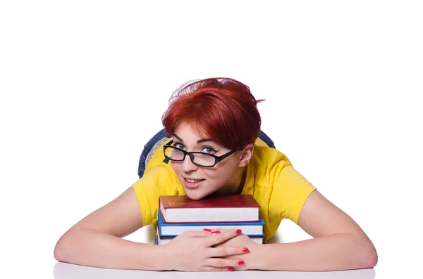 Schülerin mit Büchern isoliert auf weiß — Stockfoto