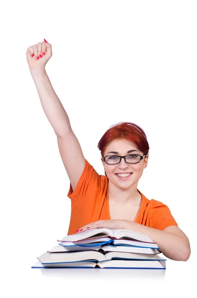 Student meisje met boeken geïsoleerd op wit — Stockfoto