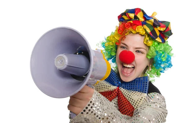 女小丑与扩音器上白色孤立 — 图库照片
