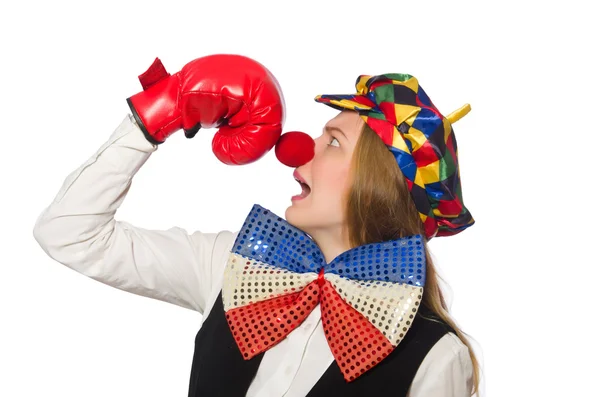 Pretty female clown with box gloves isolated on white — Stock Photo, Image