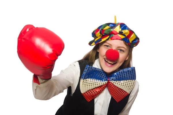 Pretty female clown with box gloves isolated on white — Stock Photo, Image