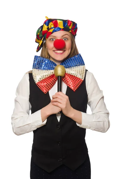 Bonito payaso femenino con maracas aisladas en blanco — Foto de Stock