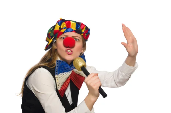 Hübsche Clownin mit Maracas auf Weiß — Stockfoto