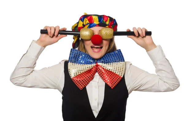 Palhaço fêmea bonita com maracas isoladas em branco — Fotografia de Stock