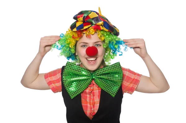 Kvinnlig clown med färgglad peruk — Stockfoto