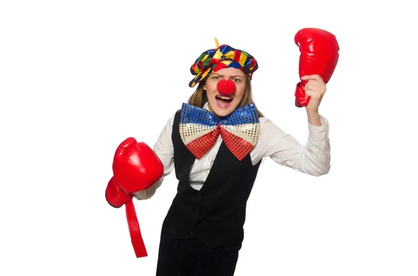 Jolie clown femelle avec des gants de boîte isolés sur blanc — Photo