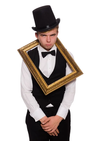 Молодий чоловік тримає рамку ізольовано на білому — стокове фото