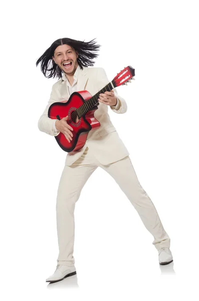 Człowiek z gitarą na białym tle — Zdjęcie stockowe