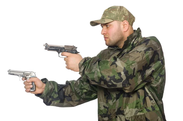 Solider segurando arma isolada no branco — Fotografia de Stock