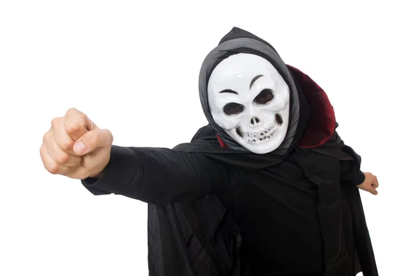 Uomo in costume horror con maschera isolata su bianco — Foto Stock