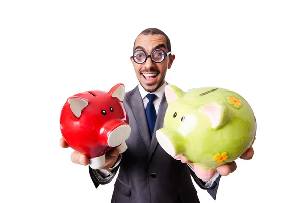 Funny man breaking his piggy bank — Stock Photo, Image