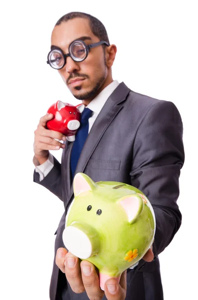 Grappige mens breken zijn piggy bank — Stockfoto