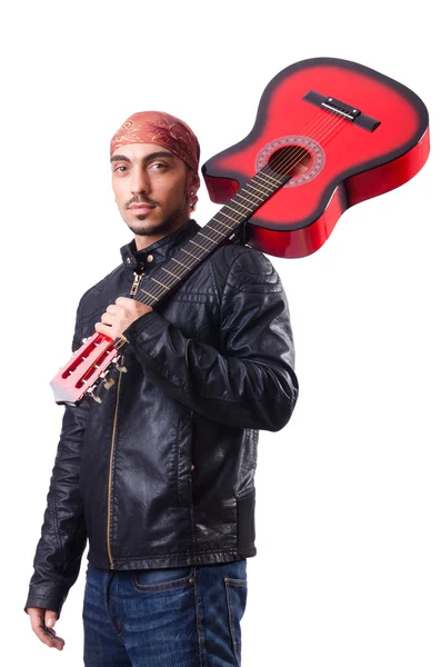 Homme avec guitare isolé sur blanc — Photo