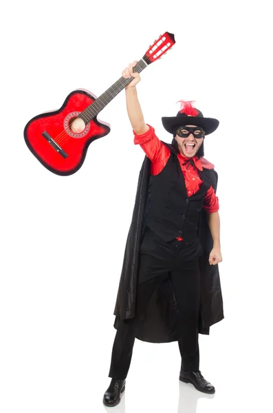 Young man in carnival coat  with guitar isolated on white — Stock Photo, Image