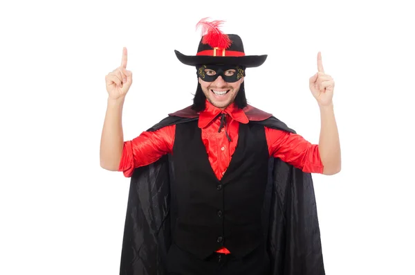 Joven con abrigo de carnaval aislado en blanco — Foto de Stock