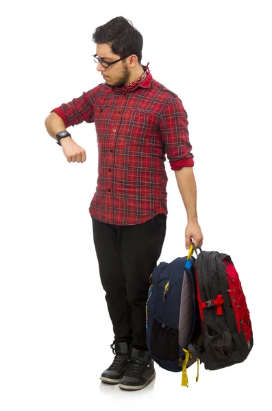 Mladý muž s taškami izolovanými na bílém — Stock fotografie