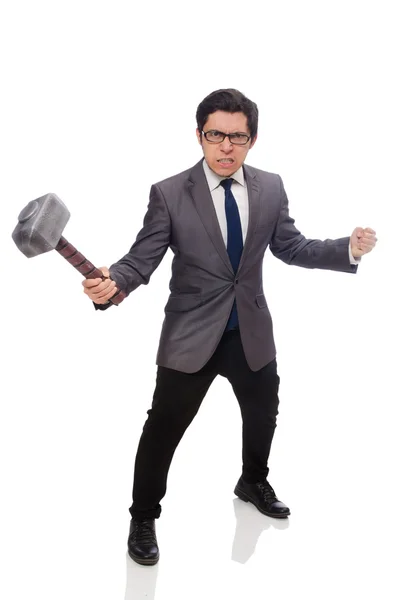 Business man holding hammer isolated on white — Stock Photo, Image