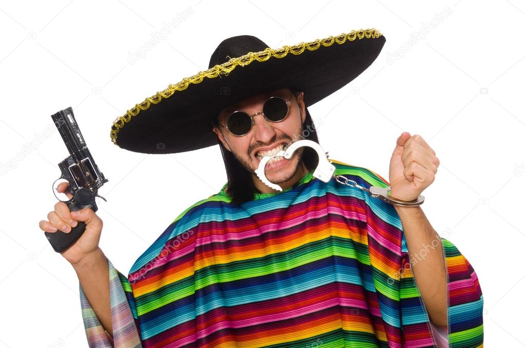 Mexican holding gun and handcuffs
