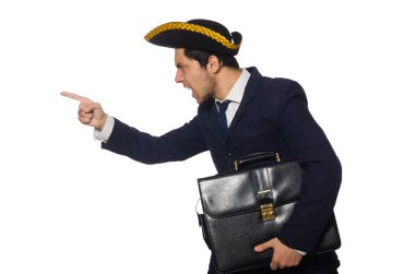 Genç Kaptan üzerinde beyaz izole evrak çantası ile