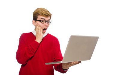 Öğrenci üzerinde beyaz izole dizüstü bilgisayar kullanarak