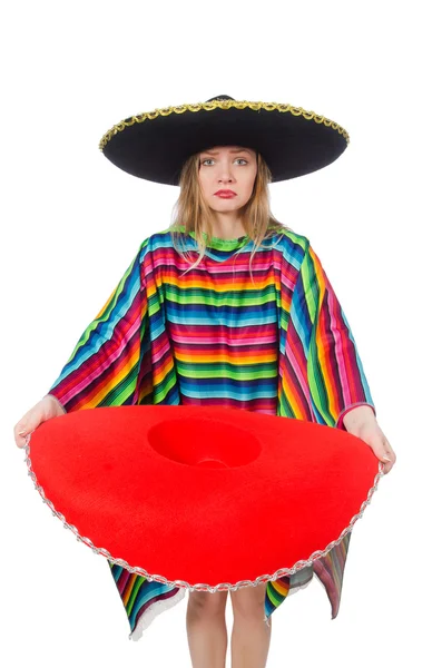 Pretty girl in mexican poncho isolated on white — Stock Photo, Image