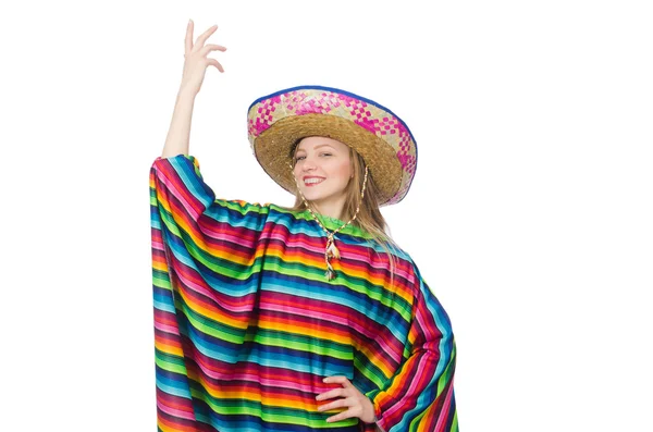 Menina bonita no poncho mexicano isolado no branco — Fotografia de Stock