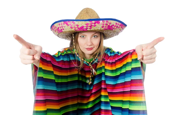 Menina bonita no poncho mexicano isolado no branco — Fotografia de Stock