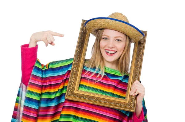 Όμορφο κορίτσι στο μεξικάνικο ΠΟΝΤΣΟ απομονωθεί σε λευκό — Φωτογραφία Αρχείου