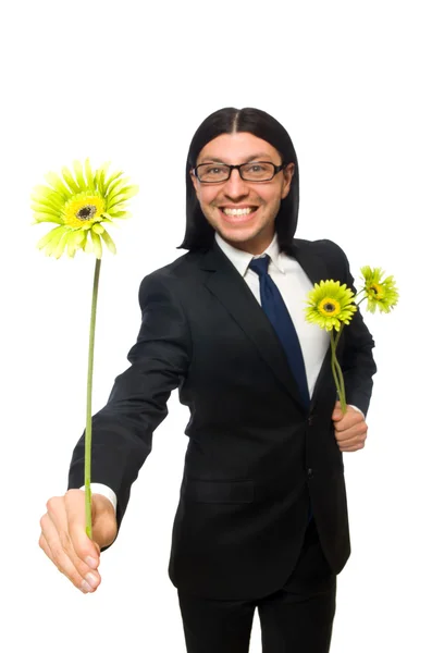 Bonito empresário com flor isolada em branco — Fotografia de Stock