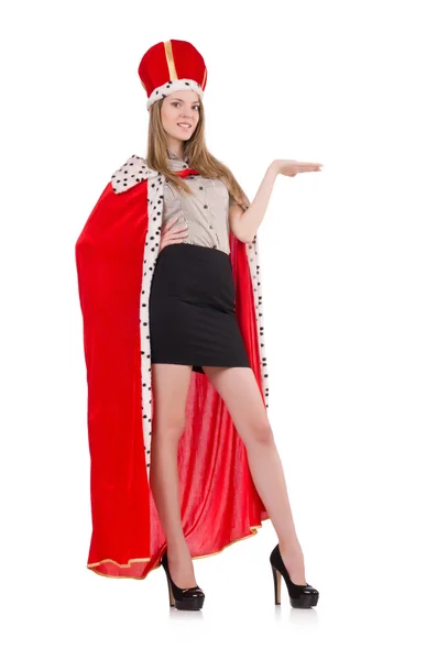 Mooie vrouw dragen van de kroon en rode jas geïsoleerd op wit — Stockfoto