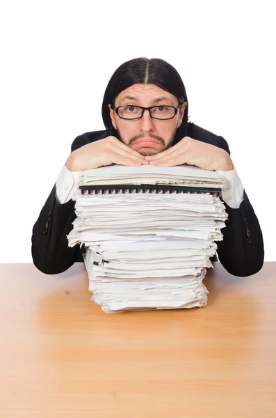 Zakenman overweldigd en benadrukt van papierwerk — Stockfoto