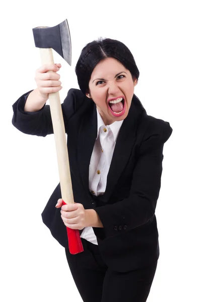 Businesswoman with axe isolated on white — Stock Photo, Image
