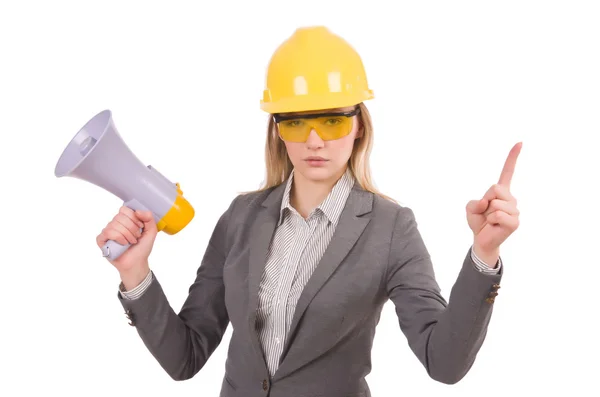 Construction employee with megaphone isolated on white — Stock Photo, Image