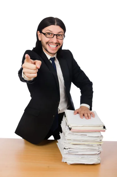 Empresário sobrecarregado e estressado com papelada — Fotografia de Stock