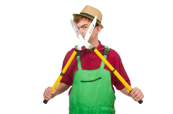 Hombre con tijeras aisladas en blanco — Foto de Stock