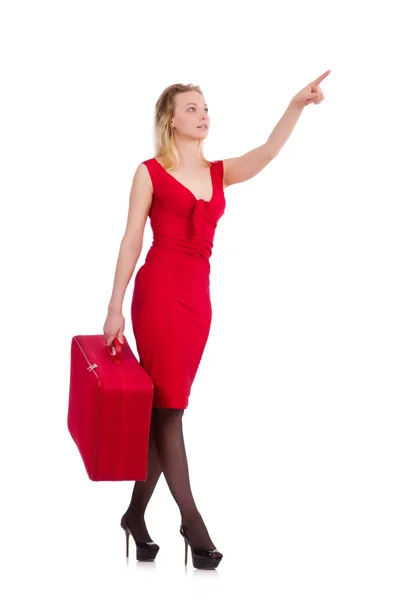 Vestido vermelho mulher segurando tronco isolado no branco — Fotografia de Stock