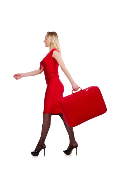 Red dress woman holding trunk isolated on white — Stock Photo, Image