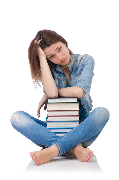 Student meisje met boeken geïsoleerd op wit — Stockfoto