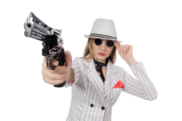 Schönes Mädchen hält Handfeuerwaffe isoliert auf weiß — Stockfoto