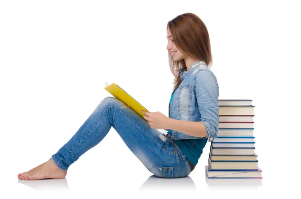 Estudante menina com livros sobre branco — Fotografia de Stock