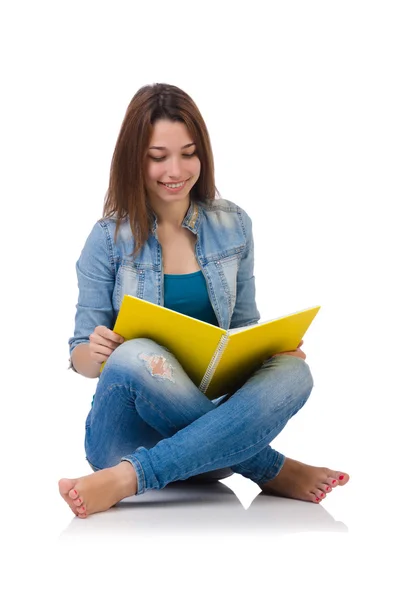Studentka s knihami na bílém pozadí — Stock fotografie